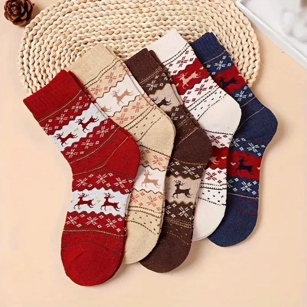Winter Fashion Novelty Christmas Reindeer Retro Socks 5pc‎ Pack Warm Thick OS
